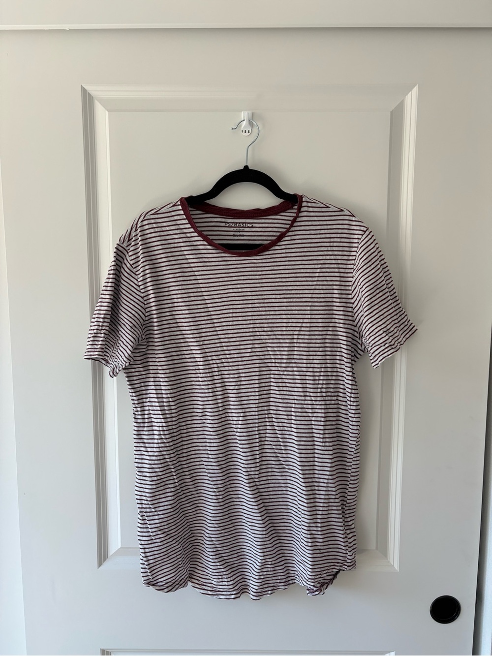 PacSun White Tee with Burgundy Stripes and Burgundy Trim Ribbed Neck